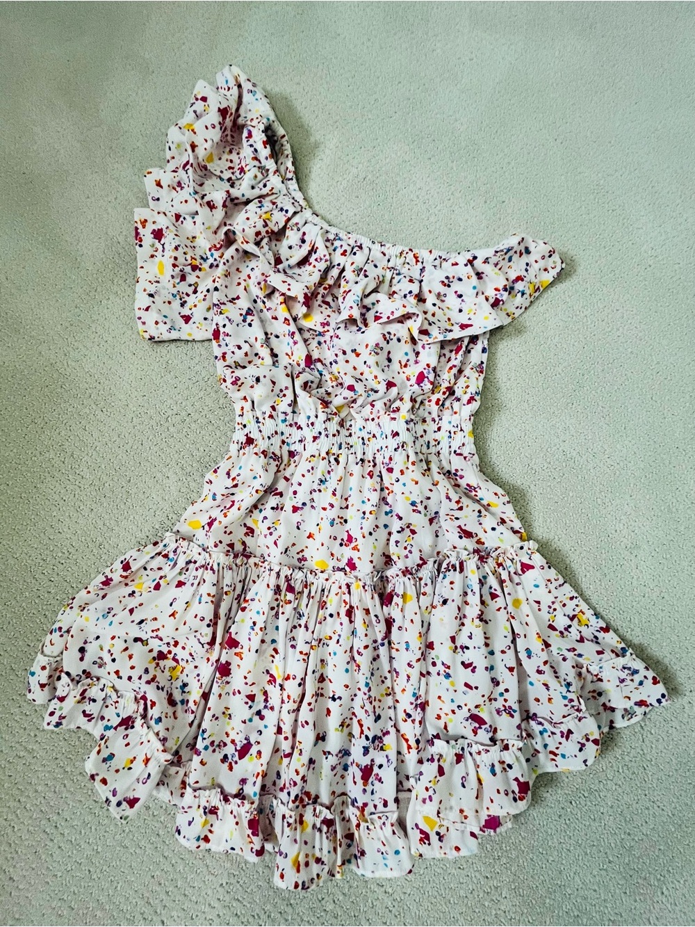 Buddy LoveOff-Shoulder Ruffle Dress in White with Multicolor Confetti Print
